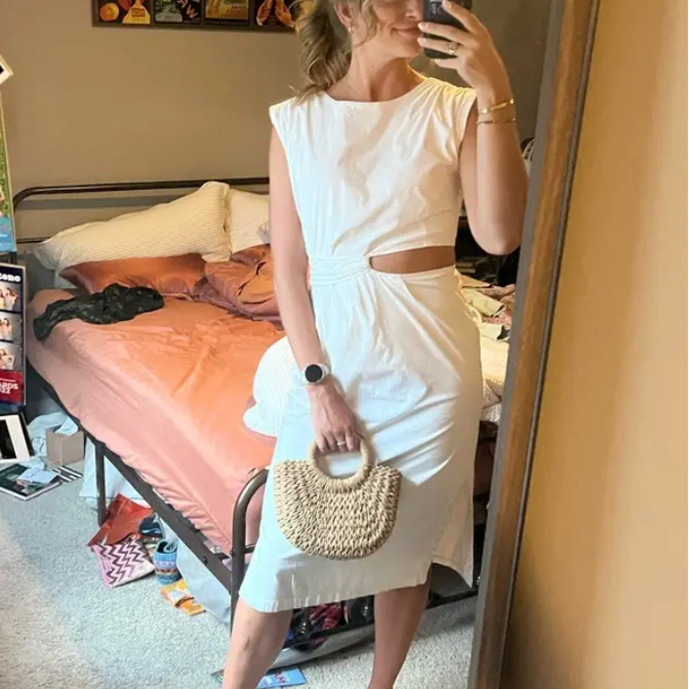 Love, Whit by Whitney Port White Midi Sheath Dress MEDIUM Cut Out Designer $360